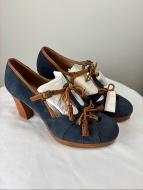 Seychelles T Strap Heels W 10.5 Blue Suede Brown Leather Block Heel Vintage